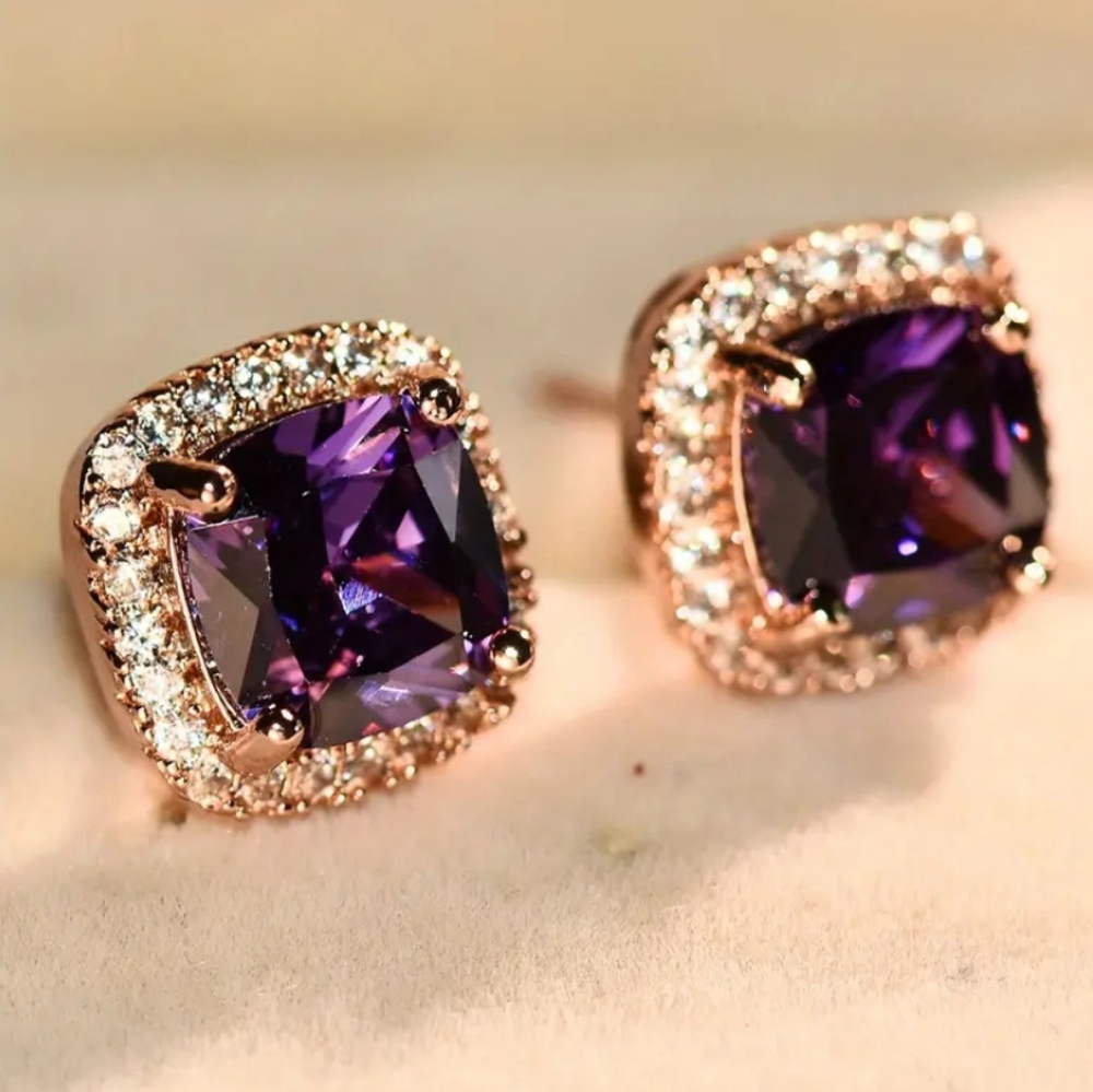 Purple Amethyst Halo Earrings - Picture 7 of 8